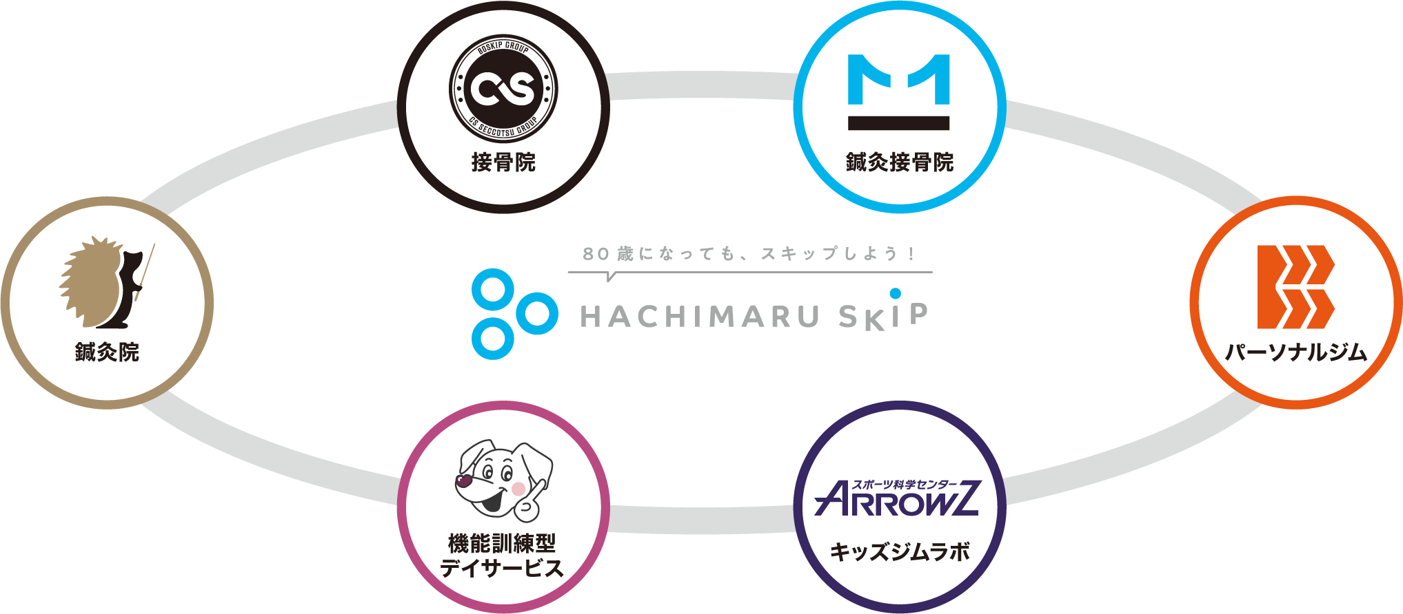 80SKIPグループ図：接骨院・鍼灸接骨院・鍼灸院・パーソナルジム・機能訓練型デイサービス・キッズジムラボ